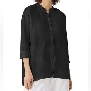 Eileen Fisher NWT Organic Linen Midnight Mandarin Collar Top, Size Medium